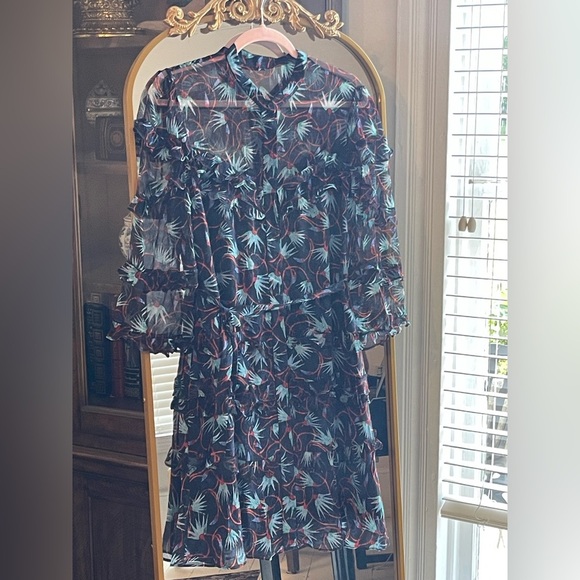 Saloni Tasha 100% Silk Tiered Navy and Red Printed Mini Dress - Picture 1 of 10